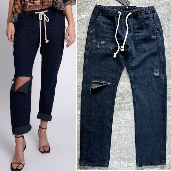 NWT Free People x One Teaspoon Navy/Fox Black Shabbies Drawstring Denim Jogger S - Picture 16 of 16